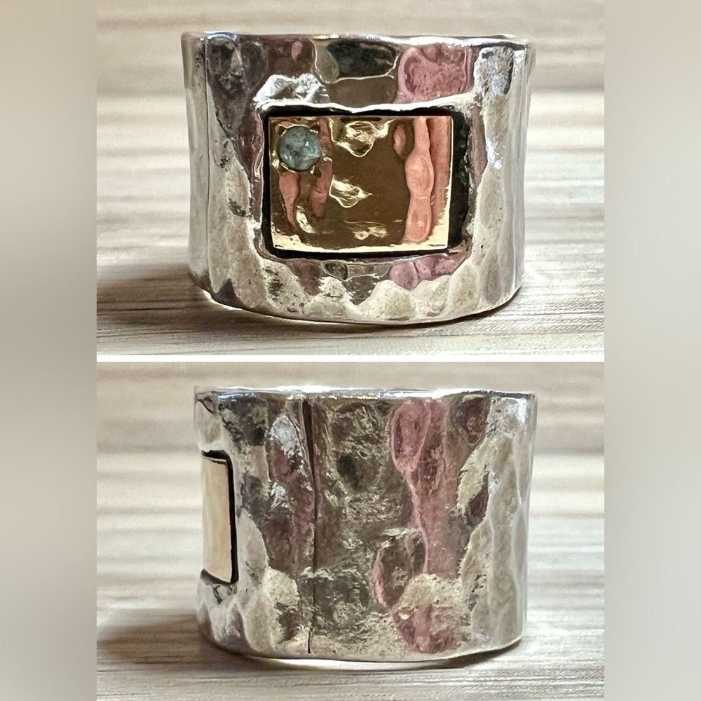 Designer IL Hammered Sterling Silver & Gold Wide Band Aquamarine Ring, Size 6